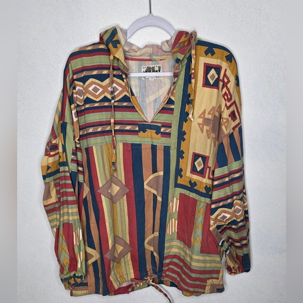 Vintage AT LAST Aztec Southwestern 90s Hoodie Pullover Oversized Size S